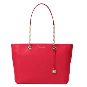 Michael Kors MERCER Bright Red Chain Leather Tote.